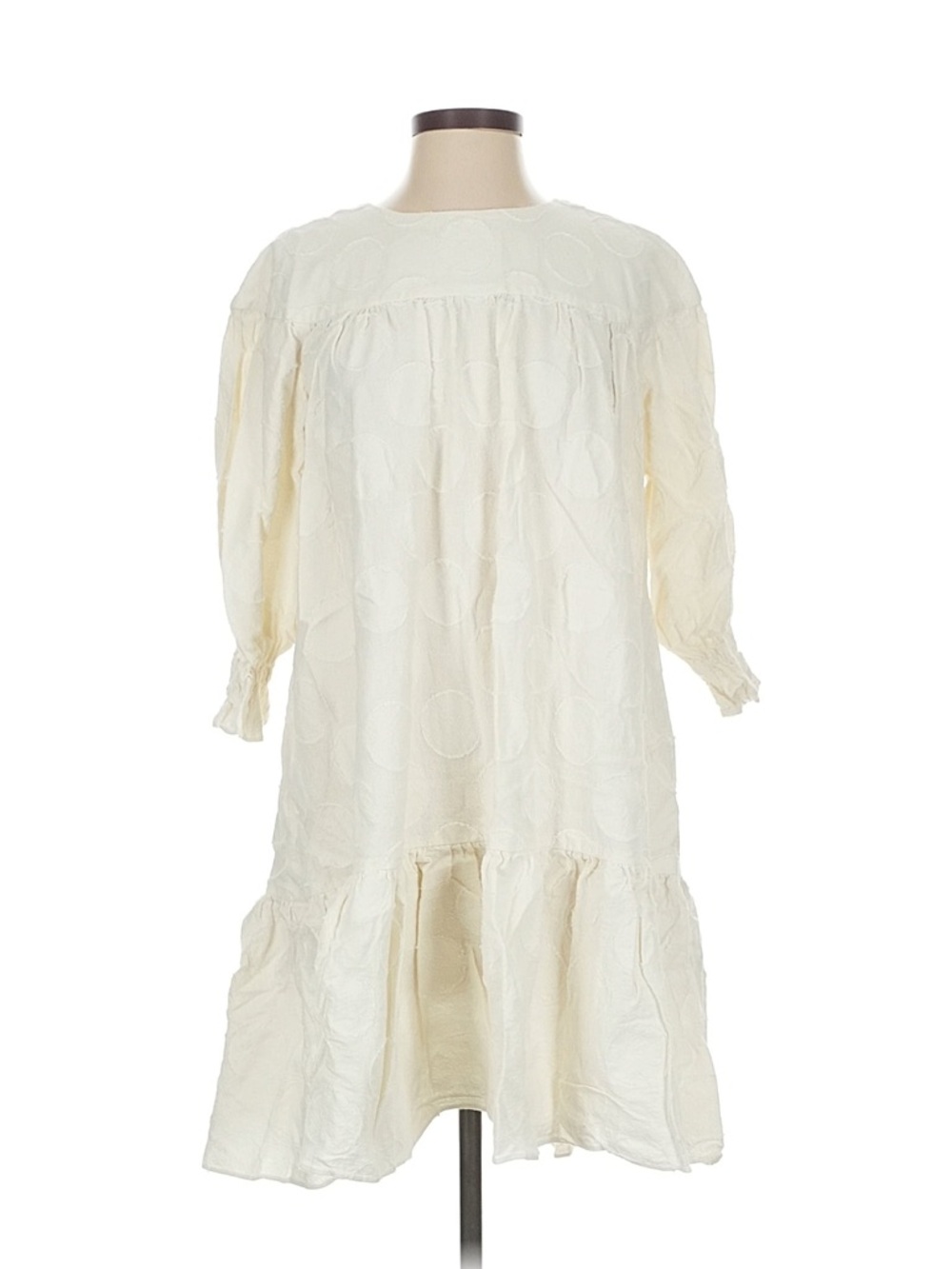 WHIT Cream Textured Puff Sleeve Smock Dress